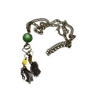 Vintage Gold-Tone Chain Necklace with Green Cat's-Eye Bead and Tassels